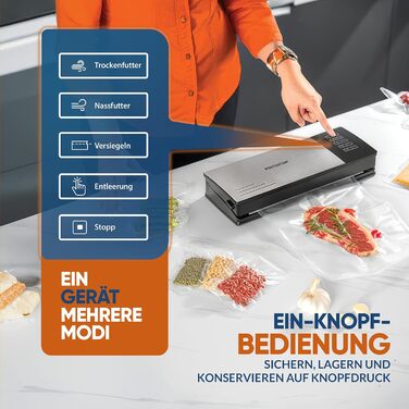 Вакууматор для продуктів PORTENTUM з корпусом із нержавіючої сталі та набором з 10 пакетів, вакуумний пакувальник та зварювач пакетів