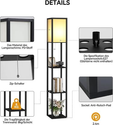 Торшер Fullwatt з дерев'яною полицею та підсвічуванням для спальні та вітальні (чорний)