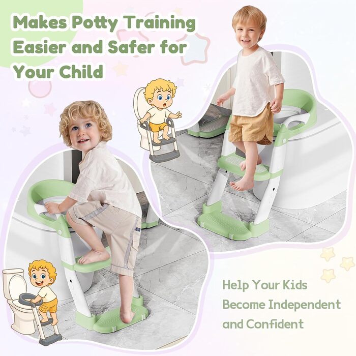 Універсальний дитячий сидіння на унітаз 3-в-1 з драбинкою, зелений – тренажер для хлопчиків та дівчаток, зручний унітаз-горщик для привчання до туалету