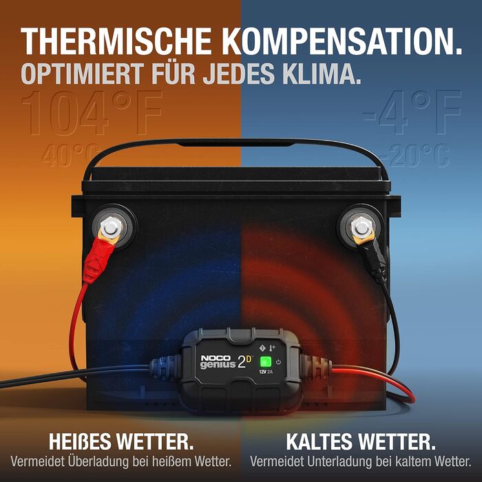 NOCO GENIUS2D: Інтелектуальний зарядний пристрій для акумуляторів 12V 2A – Підтримує, заряджає та десульфатує акумулятори, з захистом від перевантаження та температурною компенсацією. Підходить для свинцево-кислотних акумуляторів