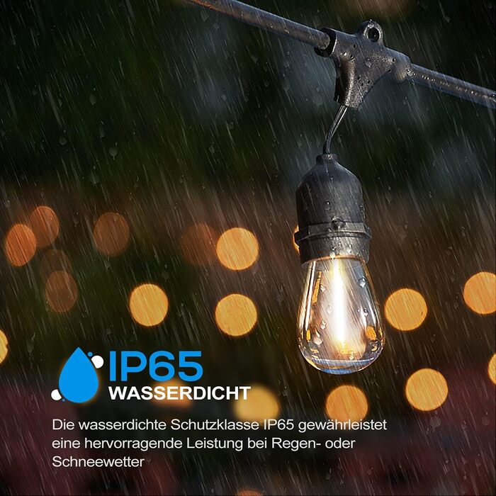 Ланцюжок прикрас для зовнішнього використання 30 м, ST45, LED, E27, тепле біле світло 2700K, IP65, вологостійкий, 30 x 1W, скляні лампочки S14 для вечірок та святкування