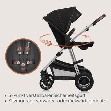 Коляска Lionelo Amber 3-в-1: люлька, автокрісло i-Size, прогулянкове сидіння, повітряні колеса, поворотне сидіння, XXL капюшон UPF 50+, сумка, москітна сітка, дощовик, чорно-срібна