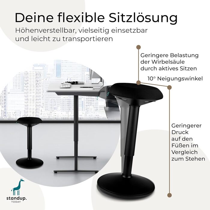 Регульований пуф Standup.Today Ella (білий/зелений) – висота 55-80 см – ергономічний пуф для офісу та дому – пуф з ефектом гойдання – пуф для робочого столу