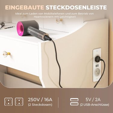 Трюмо COMHOMA з підсвічуванням, дзеркалом та прихованою LED-смугою, зі стільцем та 5 висувними ящиками, з розеткою, 3 колірні температури та регульована яскравість, білий