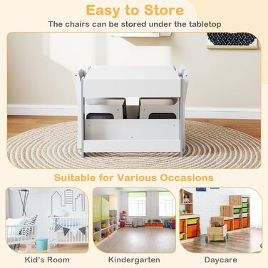 Дитячий столик Dreamade 4 в 1 з 2 стільцями: дерев'яний набір для ігор з дошками, полицями та коробками (сірий)