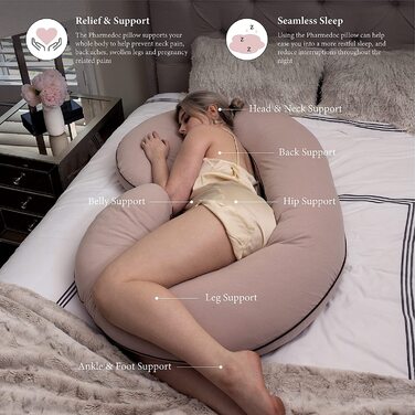 Подушка для вагітних Pharmedoc, з-подібна подушка для сну на боці, підтримка спини, стегон, ніг, живота для вагітних (органічна, коричневого кольору мокко)