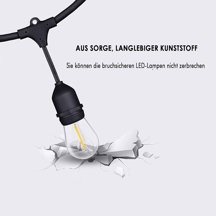 LED гірлянда 15 метрів для саду та тераси, водонепроникна IP65, 15+1 лампочки E27, тепле світло 2700K, для вечірок та свят [Енергоклас G]