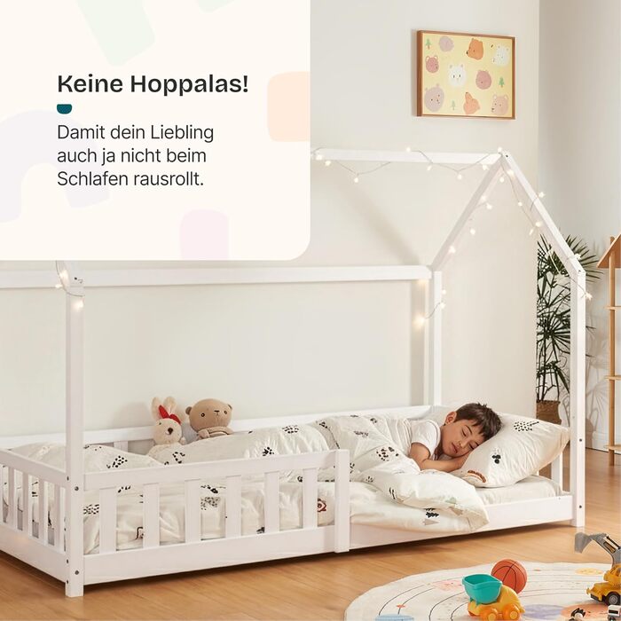 Ліжко дитяче Hesel Hausbett біле 90x200 см з бортиками та ламелями. Монтессорі ліжко-платформа для підлітків. Дерев'яне ліжко від en.casa