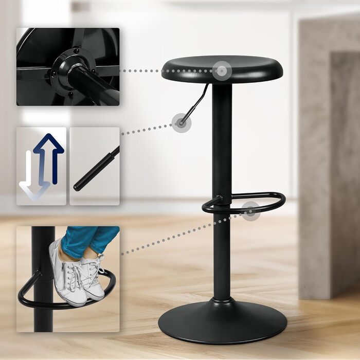 Набір з 2 барних стільців CLP Williston, регульована висота, з підніжкою, обертаються, з захистом для підлоги, чорний колір