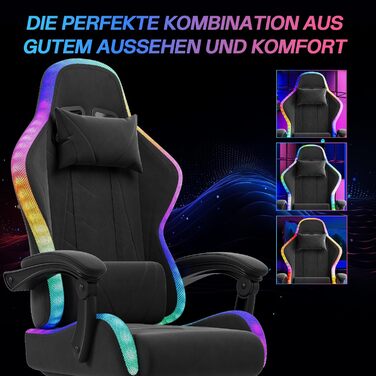 Ігровий крісло JUMMICO з тканини та LED підсвічуванням, ергономічний офісний стілець з масажем попереку та підставкою для ніг, регулювання 90°-135°, максимальне навантаження 150 кг, темно-сірий колір