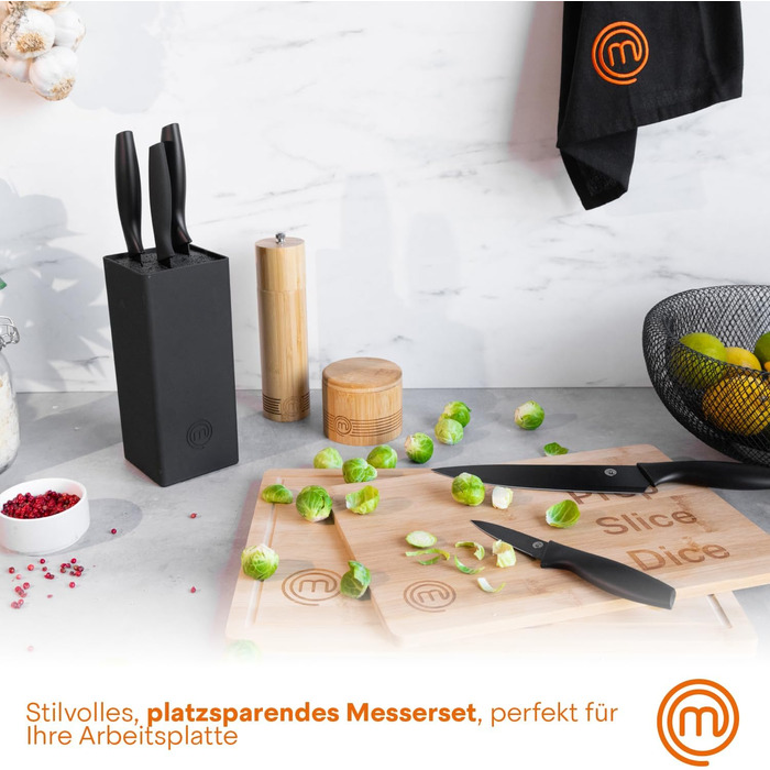 Набір ножів MasterChef 5-ти частинний: поварський, хлібний, для овочів, сантоку та універсальний, з нержавіючої сталі, чорний, з м'якими ручками