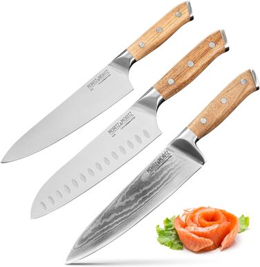 Професійний кухонний ніж Moritz & Moritz 20 см з дамаської сталі 67 шарів - ніж шеф-кухаря з ергономічною ручкою з акації