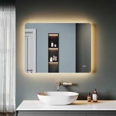 Дзеркало для ванної кімнати SONNI з підсвічуванням 80x60 см, антизапар, LED, сенсорний вимикач, колір світла: холодний/нейтральний/теплий