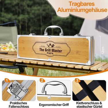 Набір барбекю Papa Geschenke: 4 шт. з нержавіючої сталі, аксесуари для гриля, подарунок для чоловіків, день народження, преміум-якість, набір інструментів для гриля в кейсі для саду та кемпінгу