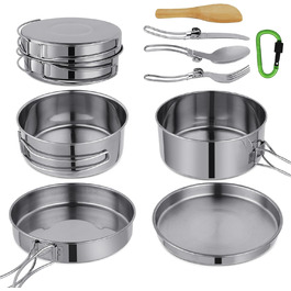 Набір посуду для кемпінгу, нержавіюча сталь 304 Auhou, портативний, можна складати, для кемпінгу, походів, пікніків