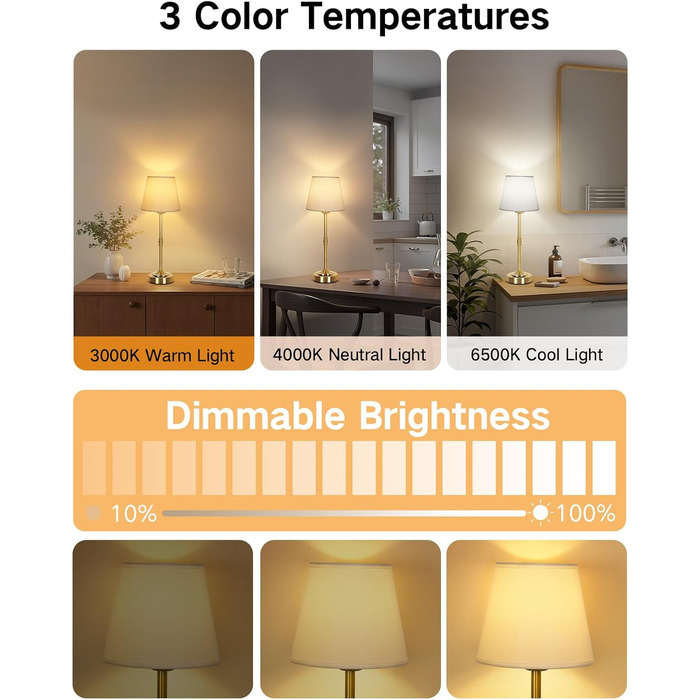 OUTON Настільна лампа бездротова, 2 шт. – диммування, 3 кольори світла, 4000mAh, USB-C, 60 год роботи, золота для спальні, вітальні, їдальні