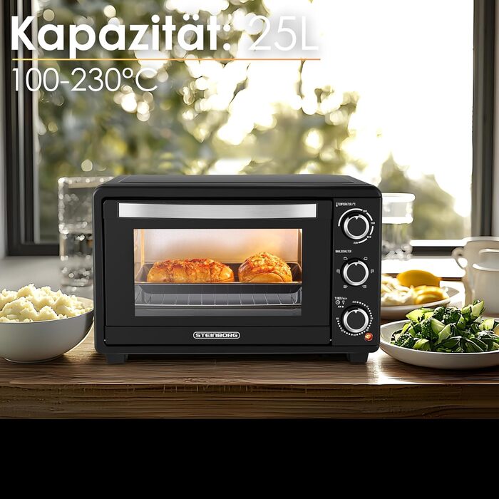 Міні-піч Steinborg 25 л з конвекцією: піч, піца, хліб. Таймер, 100-230°C, зйомний піддон. Економне споживання енергії