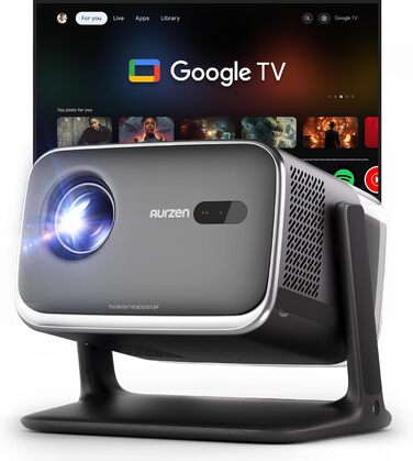 Проектор Aurzen Boom Mini 4-в-1 з Google TV, 4K, 20W Dolby Audio, Wi-Fi, Bluetooth, для дому та на вулицю, автоматичне фокусування, корекція трапецеїдальних спотворень, 500 ANSI люмен (Чорний)