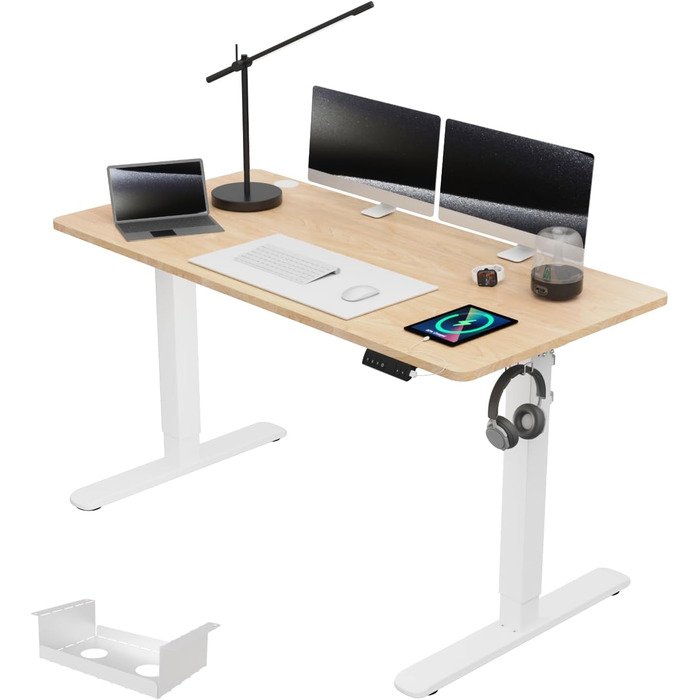 Регульований за висотою стіл Airfish з USB-портом, електричний, з органайзером для кабелів, комп'ютерний/офісний стіл, стоячий стіл з нагадуванням про сидячий режим, 160x80 см, Бежевий/Білий