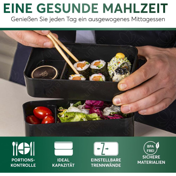 Ланч-бокс Umami Bento 1,2 л для дорослих, вкл. столові прилади, 2 контейнери для соусу, герметичний, з відділеннями для приготування їжі (60 символів)