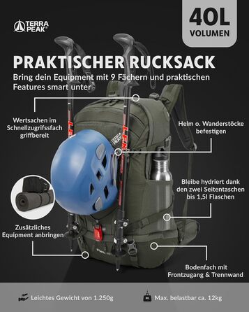 Туристичний рюкзак Terra Peak 40L Flex 40 Premium великий з вентиляцією спини, системою гідратації та дощовиком - Трекінговий рюкзак з дихаючого поліестеру 3D Air Mesh - Вуличний денний рюкзак з поясним ременем 40 літрів оливково-зелений