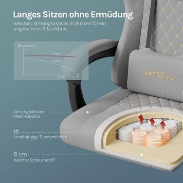 Ігровий крісло WOLTU з масажем, комп'ютерне ергономічне крісло, кишенькові пружинні подушки, масаж попереку, підголовник, підніжка, поворотне крісло, 150 кг, сітчаста тканина, сірий+жовтий