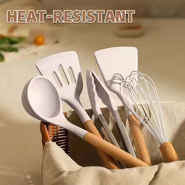 Набір кухонного приладдя Umite Chef, 24 предмети, антипригарний силікон, з дерев'яними ручками та підставкою, жаростійкий шпатель і ложки