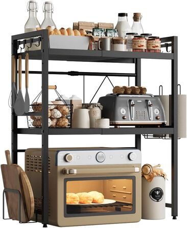 Підставка для мікрохвильової печі NETEL 3-рівнева, кухонна, висувна 40-60см, з кошиками та тримачем для обробної дошки, чорна