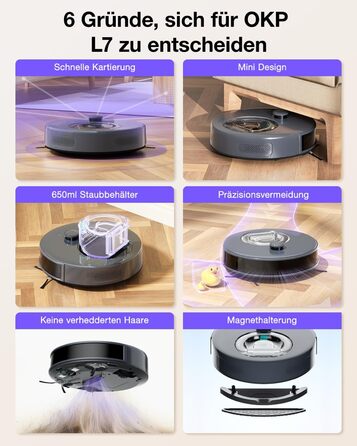 Робот-пилосос OKP L7G 3-в-1 з функцією миття, 6000Pa, LiDAR, 150 хв, WiFi, Alexa, для тварин, килимів, твердих підлог, сірий