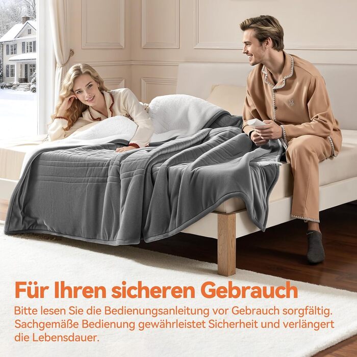 Електрична ковдра з автоматичним вимкненням та 9 зонами підігріву 200x180 см, таймер 1-9 годин з функцією пам'яті, швидкий нагрів та рівномірний розподіл тепла, двостороння фланель та овеча вовна