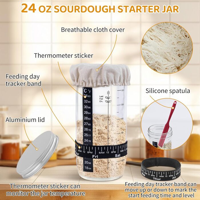 Набір для закваски хліба: 22см круглий та 23см овальний кошик для підйому тіста, скляна тара для закваски, аксесуари для випічки для початківців та хобі-пекарів, великий подарунковий набір для випічки