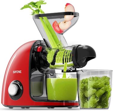 Соковижималка SiFENE Slow Juicer - подвійний калібр, без засмічення, функція реверсу антиблокування, дрібне подрібнення без фільтра, електрична соковижималка, зі щіткою та 2 чашками (червона)