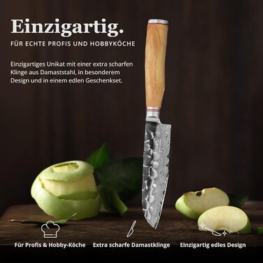 Японський ніж Santoku Wakoli Olive з дамаської сталі (серцевина VG10), 13 см – гострий та ергономічний – ніж з ручкою з оливкового дерева в подарунковій коробці, для овочів та фруктів