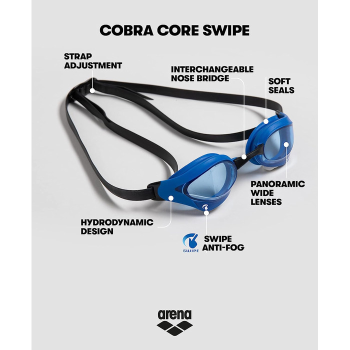 Окуляри для плавання ARENA Unisex Cobra Core Swipe (1 комплект) (Один розмір підходить всім, світло-сірий з АКУЛАМИ)