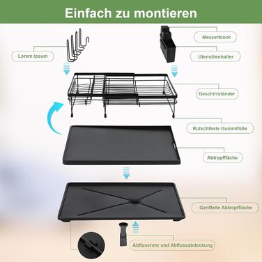 Сушарка для посуду ROTTOGOON розширювана, чорна: складана стійка з нержавіючої сталі, зливний жолоб та відділення для столових приборів