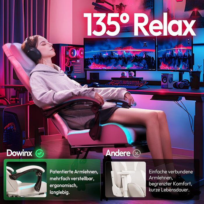 Ігровий крісло Dowinx з RGB підсвічуванням, LED, з підніжкою, для дорослих, ергономічний, з масажем попереку, з PU шкіри, білий