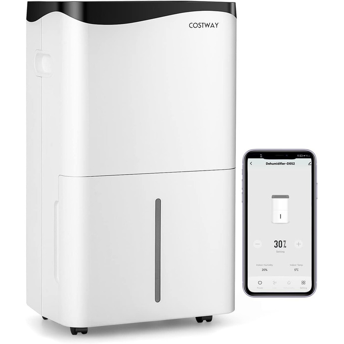 Електричний осушувач повітря COSTWAY з 3 режимами, об'єм 50 л/добу, 6,5 л бак, таймер 24 год, 2 швидкості, режим сну ≤ 42 дБ, для приміщень до 30 м²