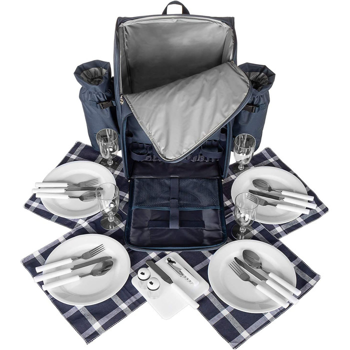 Рюкзак для пікніка Andora на 4 особи з інтегрованою сумкою-холодильником, зелений, з аксесуарами (темно-синій, білий)