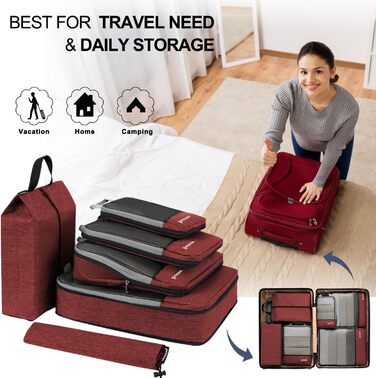 Набір компресійних органайзерів для подорожей Packwürfeln, сумка-органайзер для одягу в рюкзак та валізу, 6 шт, червоний