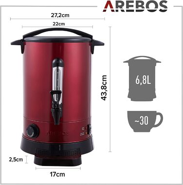 Електричний глінтвейнер Arebos 950 Вт | Дозатор гарячих напоїв, 6,8 л | З піддоном, краном, термостатом та захистом від перегріву | Регулювання температури 30-110°C