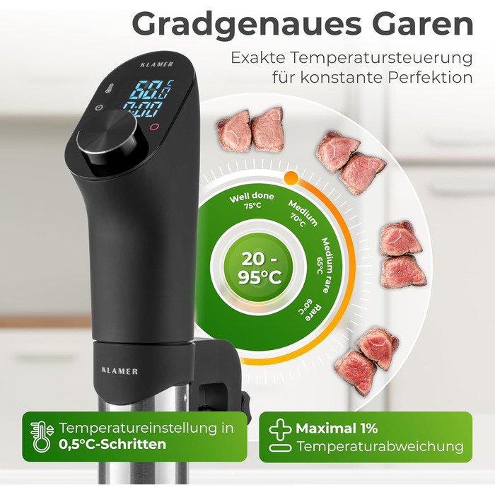 KLAMER Су-від прилад, 1200 Вт, водонепроникний, з 3D циркуляцією та регулюванням температури 20-95°C, таймер, LED дисплей