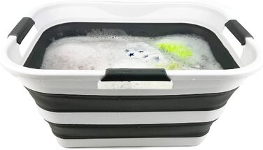 Складний пластиковий кошик для білизни - Складний висувний контейнер для зберігання/органайзер - Портативний лоток для прання - Компактний кошик/кошик (білий/сталево-сірий), 30L
