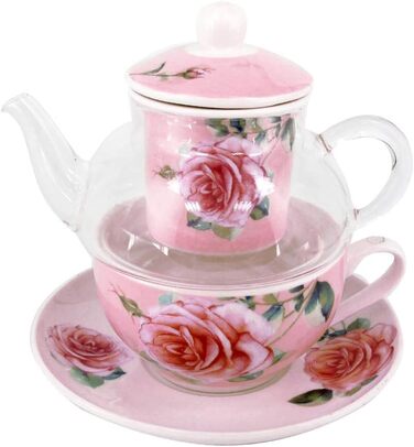 Ситечко для чаю Carmani на одну особу, чайник, чашка з блюдцем, вінтажний дизайн, рожевий