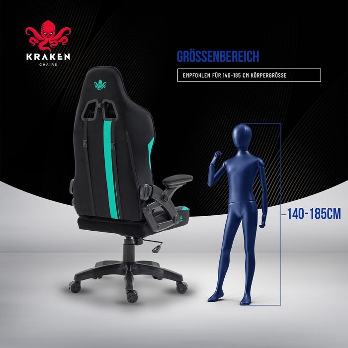 Крісло ігрове KRAKEN CHAIRS чорно-морського кольору, тканинне, ергономічне, для геймерів, вантажопідйомність 130 кг