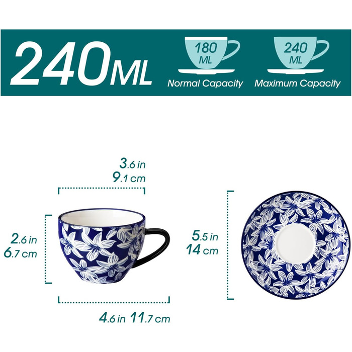 Набір кавових чашок Vancasso Selene, 6 шт., 360 мл, блакитно-білий вінтажний дизайн, для кави, молока, чаю та какао