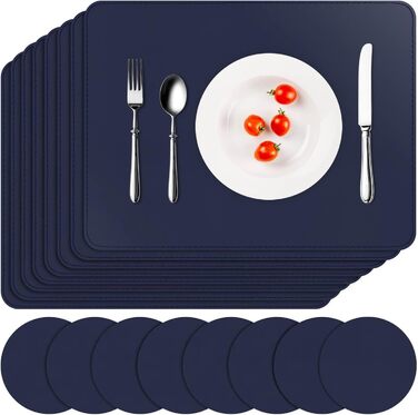 Набори підставки під посуд APLKER, 8 шт., водонепроникні, з ефектом шкіри, ПВХ, 16 x 12 дюймів (темно-синій)