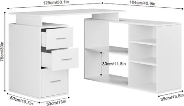 Кутовий письмовий стіл FirFurd L-подібної форми з шухлядами та полицями, 129x104x76 см, білий