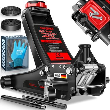 Гідравлічний домкрат MASKO 3T з низьким профілем 85-460мм, 3 гумові накладки, для легкових авто та SUV, ролики 360°, рукавички в комплекті. Домкрат під автомобіль до 3 тонн - Чорний