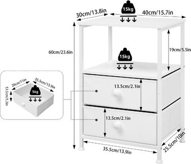 Тумбочка з 2 ящиками, 1 полиця, 40x60x30 см, Білий, флізелін/метал/дерево, 0009CTG