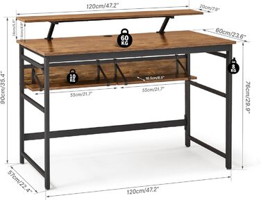 Письмовий стіл Mondeer з підставкою для монітора, 2 полиці, 120x60x90 см, вінтажний коричневий